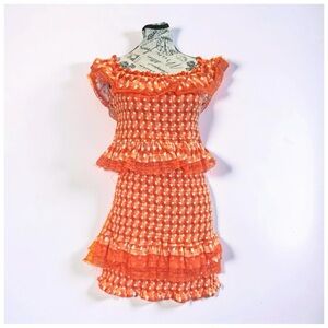 Tularosa Orange Smocked Off-Shoulder Ruffle Mini Dress | Large I Boho Chic